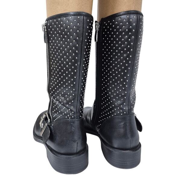 Steven Steve Madden Zain Black Leather Boots Silver Stud/Buckle/Zipper 7.5 - Picture 2 of 6